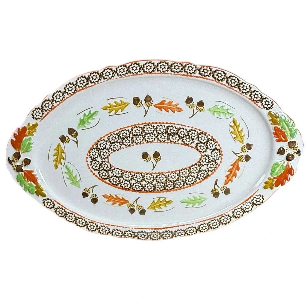 Temptations Old World Orange Acorn & Leaves Thanksgiving 18x11 Oval Serving Tray